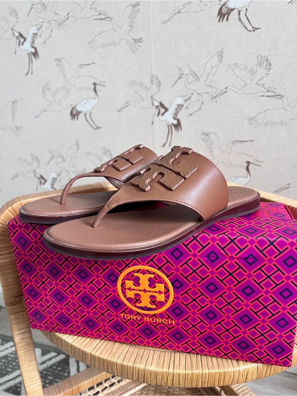 Tory Burch‎ Weston full logo thong sandals calf leather royal tan